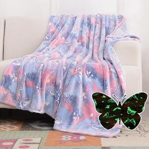 sochow butterfly glow in the dark blanket for daughters, toys for 3-10 year old birthday presents, soft cozy flannel throw blanket for preteens teens, purple 50 x 60 inches