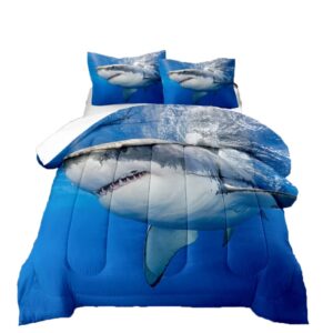 suncloris 3d great white shark queen comforter set, blue sea animals all seasons comforter set for kids teens men bedroom quilt set(queen)