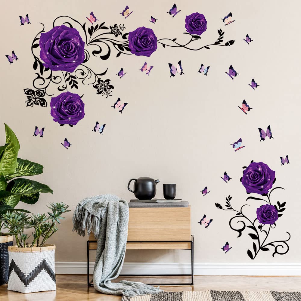 Supzone Purple Rose Wall Stickers Rose Flower Vine Wall Decal Purple Peony Floral Wall Decor DIY Vinyl Mural Art for Bedroom Living Room Sofa Backdrop TV Wall Decoration