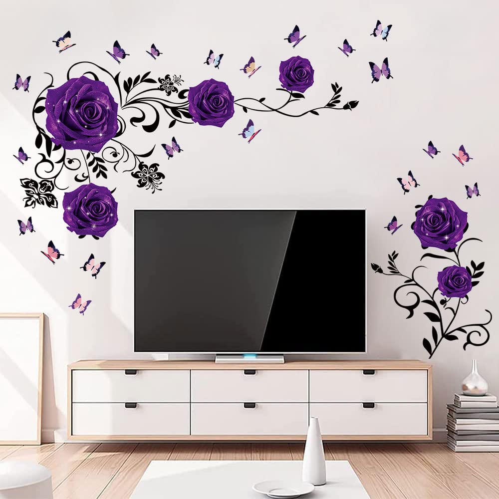 Supzone Purple Rose Wall Stickers Rose Flower Vine Wall Decal Purple Peony Floral Wall Decor DIY Vinyl Mural Art for Bedroom Living Room Sofa Backdrop TV Wall Decoration