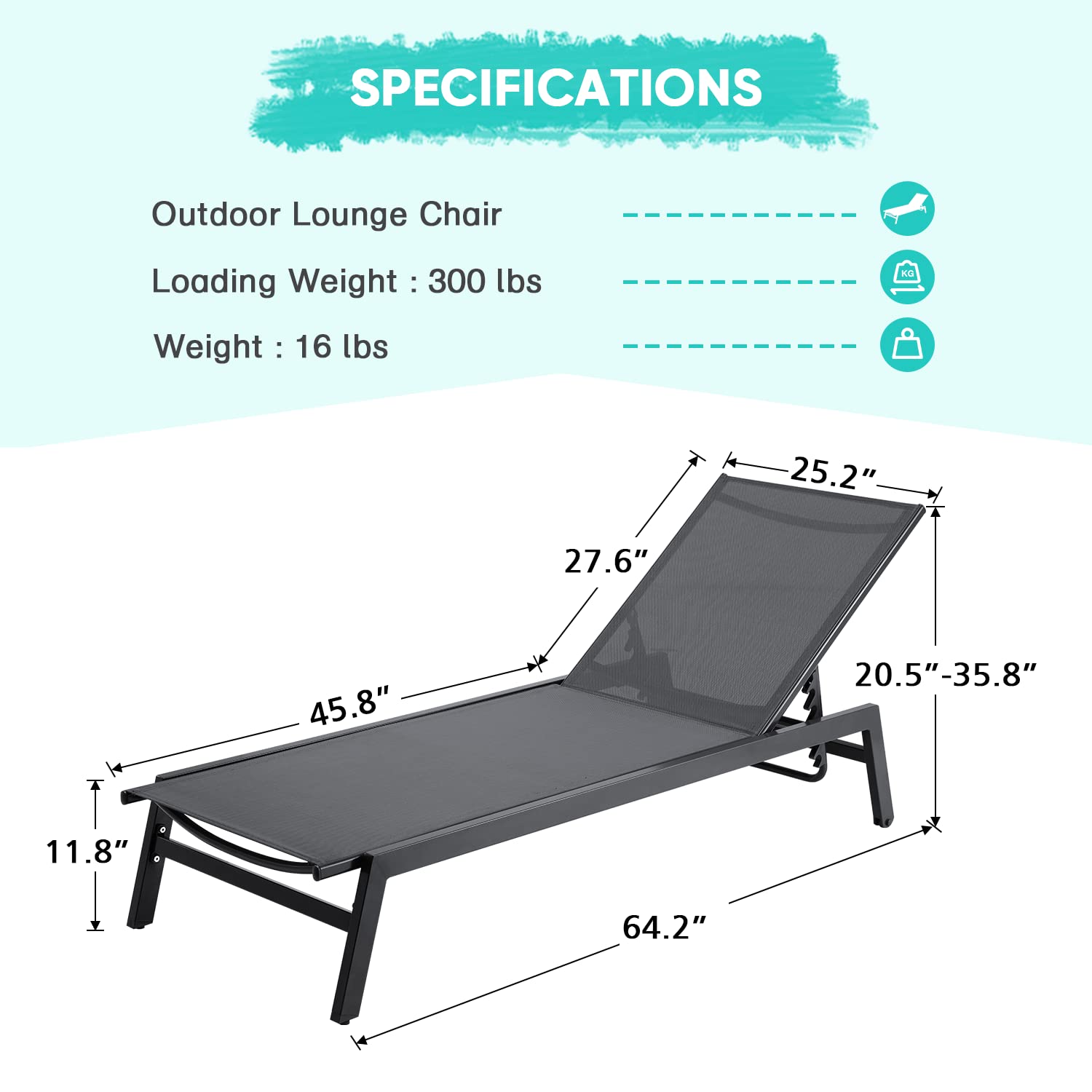 Erinnyees Outdoor Chaise Lounge, Aluminum Patio Lounge Chair with Wheels, All-Weather Five-Position Adjustable Reclining Chair, for Patio Pool, Deck, Beach, Yard