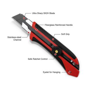 HAUTMEC 25mm Extra Heavy-Duty Utility Knife, Multi-Purpose Snap-off Box Cutter, Ratchet-lock Mechanism, Reinforced Fiberglass Handle HT0250-KN