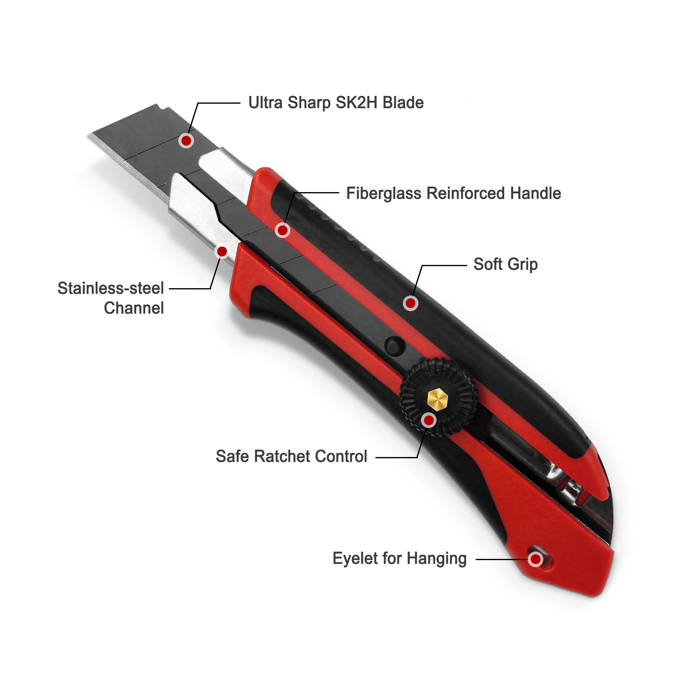 HAUTMEC 25mm Extra Heavy-Duty Utility Knife, Multi-Purpose Snap-off Box Cutter, Ratchet-lock Mechanism, Reinforced Fiberglass Handle HT0250-KN