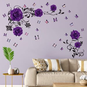 Supzone Purple Rose Wall Stickers Rose Flower Vine Wall Decal Purple Peony Floral Wall Decor DIY Vinyl Mural Art for Bedroom Living Room Sofa Backdrop TV Wall Decoration