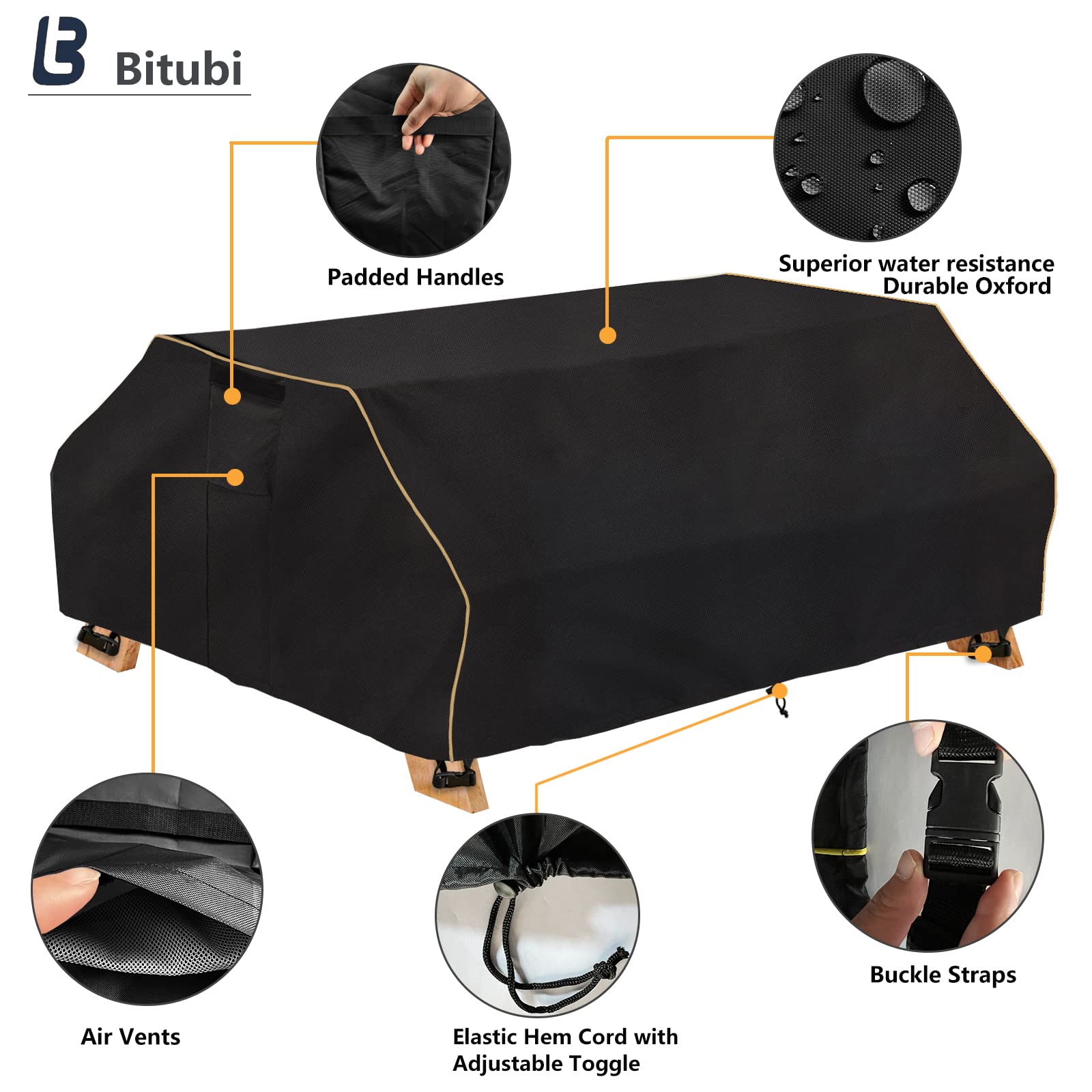 Bitubi 70 / 72 Inch Waterproof Picnic Table Cover With Bench Covers,Classic Black Wind Dust Proof Anti-UV, 72”Outdoor Cover For Picnic Table