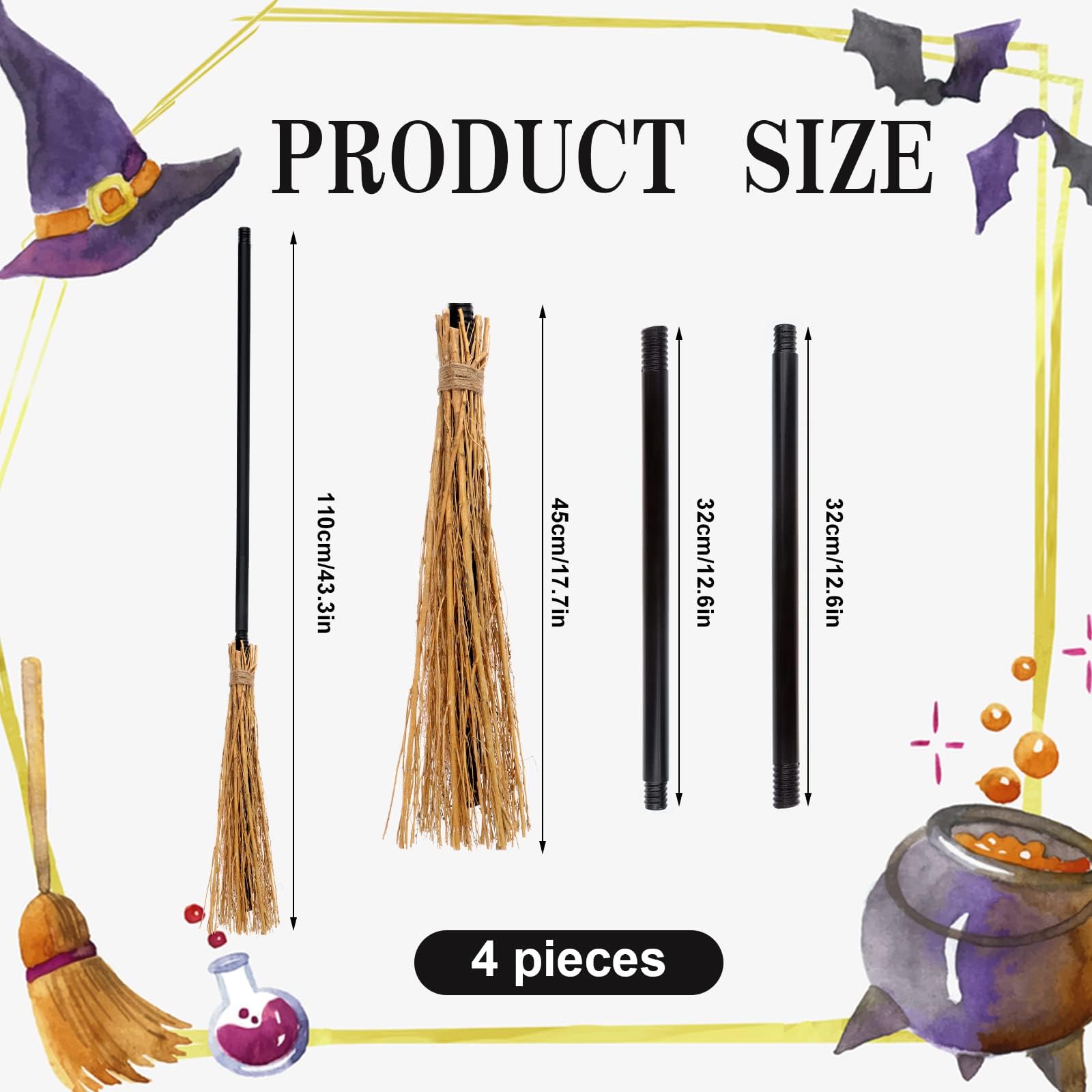 4 Pack Halloween Witch Broom Plastic Witches Brooms Perfect for Halloween Theme Porch, Halloween Props, Halloween Photos, Decor, or Costumes; Easy to Put Together and Store, Halloween Decorations