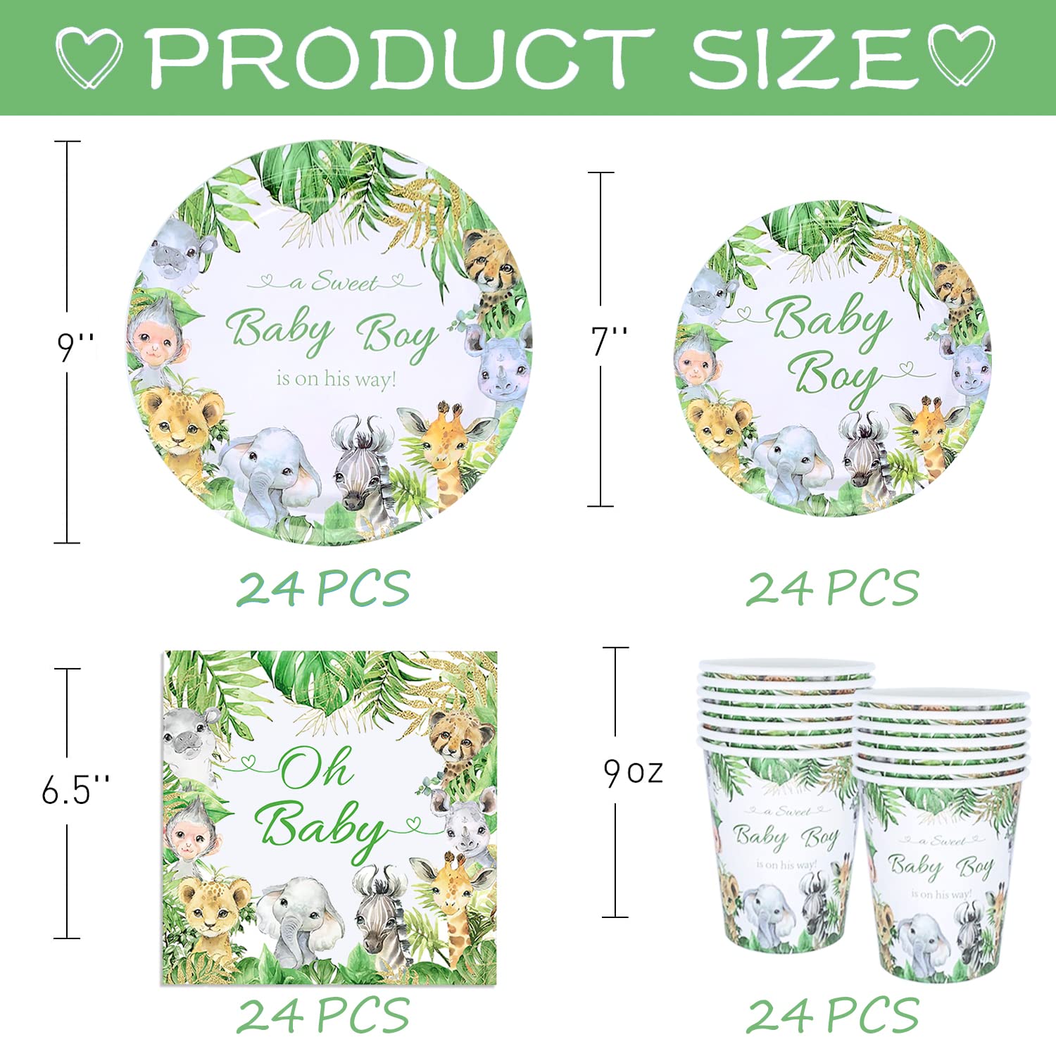 Jungle Safari Baby Shower Decorations Tableware Set Serves 24, Green Animals Paper Plates, Napkins, Paper Cups for Baby Boy Wild One Birthday Baby Shower Party Supplies