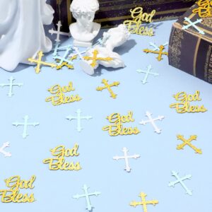 Marspark 300 Pcs Baptism Confetti Glitter Cross God Bless Table Confetti Cross Decorations for Baptism First Communion Baby Shower Birthday Gender Reveal Party Supplies(Blue, Gold, White)