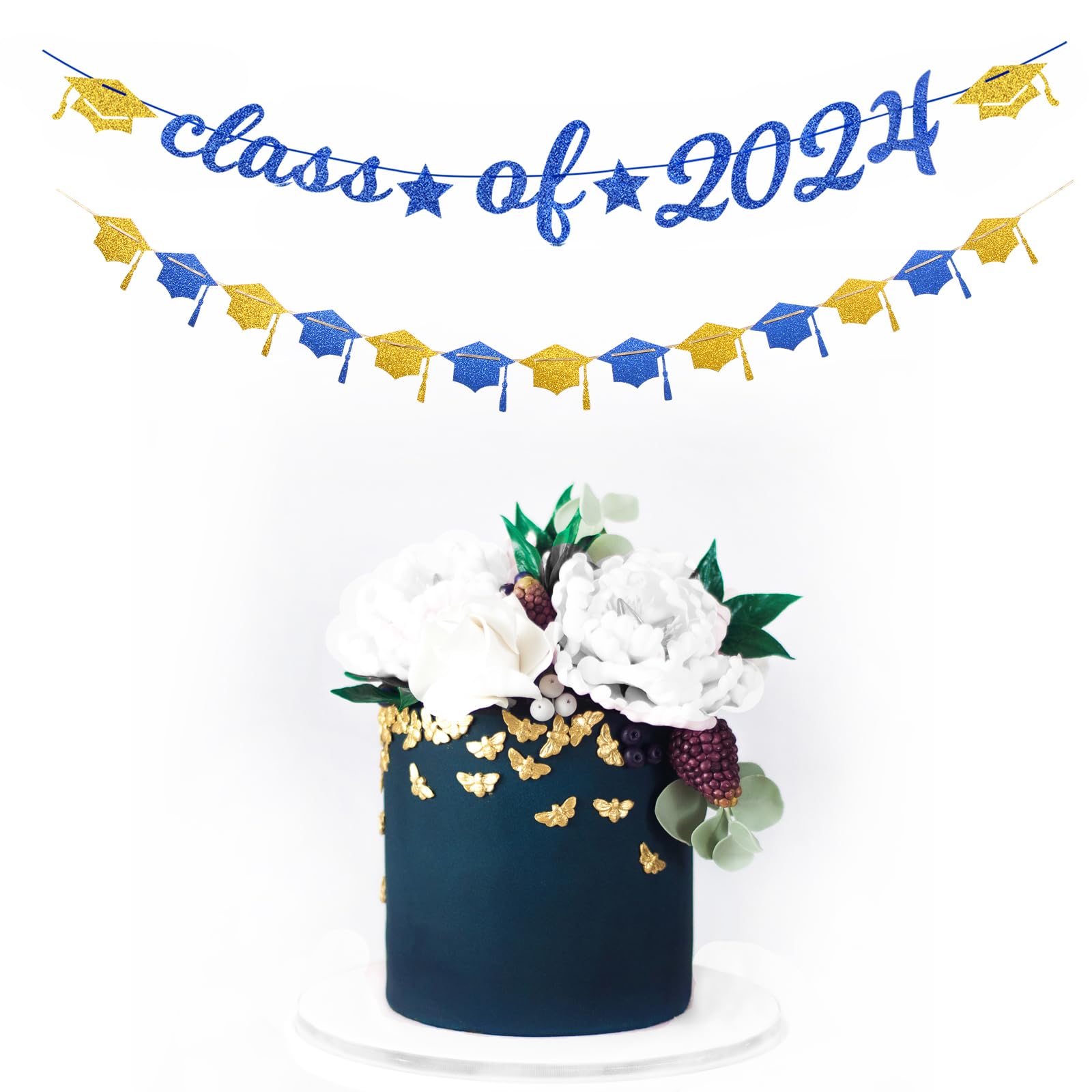 Navy-Blue White-Gold Party-Decorations Graduation Banner - 8pcs Kits Class of 2024 Cap Garland Streamers, Paper Tissue Pom Poms Flowers, Congratulations Grad Decor Lasting Surprise