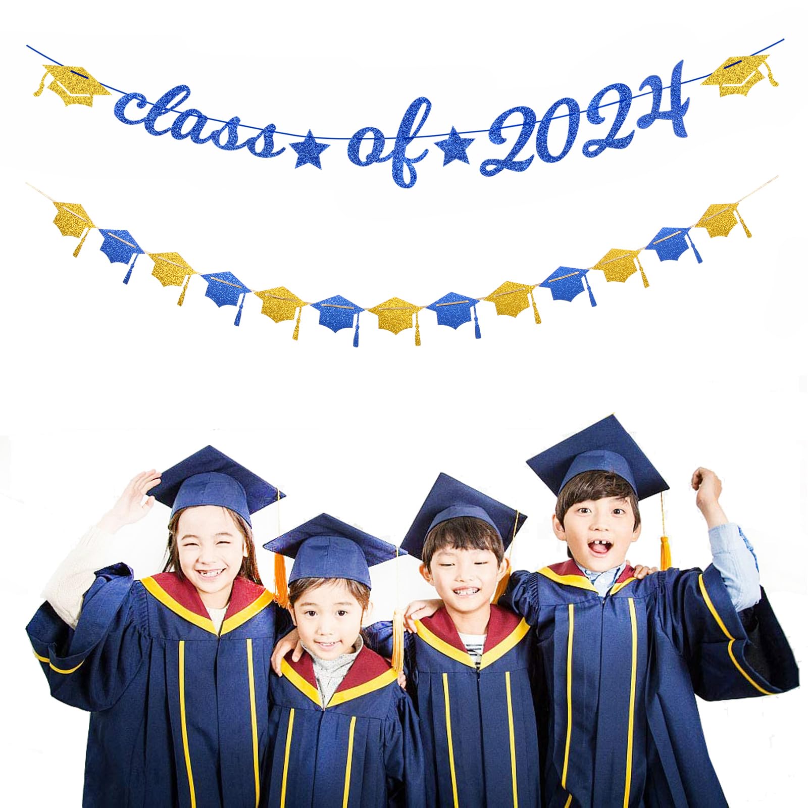 Navy-Blue White-Gold Party-Decorations Graduation Banner - 8pcs Kits Class of 2024 Cap Garland Streamers, Paper Tissue Pom Poms Flowers, Congratulations Grad Decor Lasting Surprise