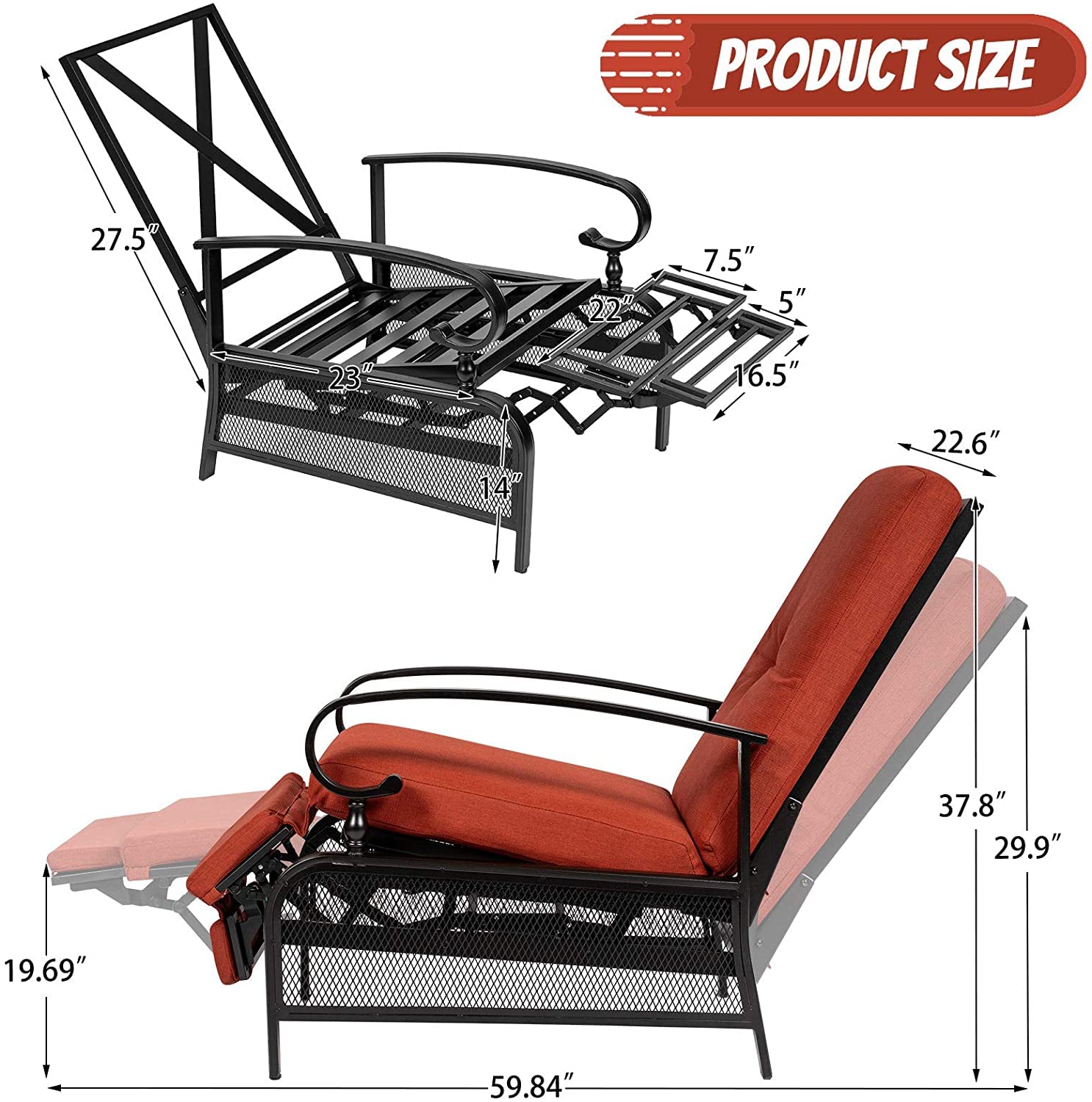 Incbruce Outdoor Lounge Chair Set of 2 Patio Furniture Adjustable Recliner with Retractable Steel Frame and Removable Thick Cushions - Red