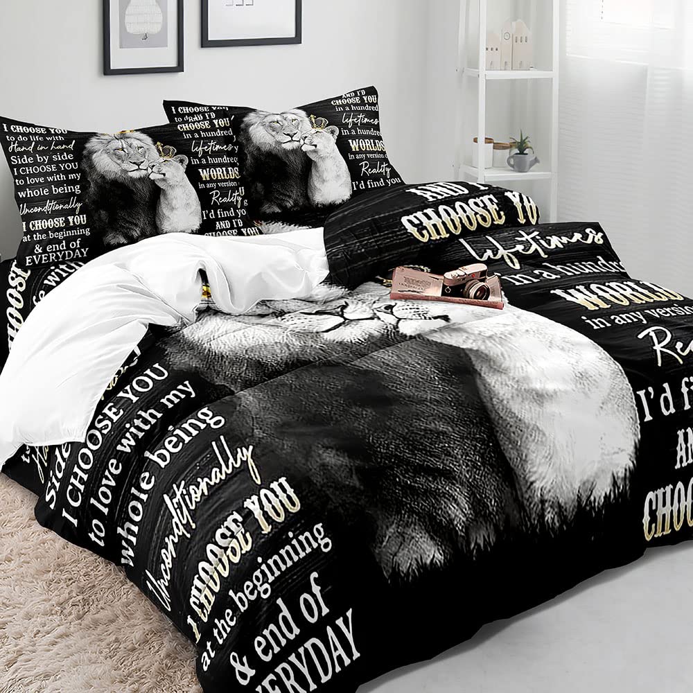 VIVIHOME 3PCS Lion Bedding Set, King Duvet Cover, African Safari Animal Black Bedding, Comforter Cover, Quilt Cover, Bedroom Decor for Couples, Romantic Lion Couple Gifts, I Choose You, 2 Pillowcases