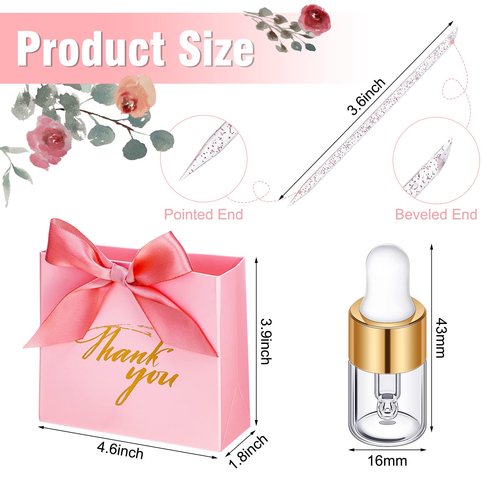 20 Pack Mini Pink Thank You Gift Bags, 20 Pcs Glass Oil Dropper Vail 2 ml 20 Pcs Disposable Nail Stick Cuticle Pusher Pink Goodie Bags for Wedding Baby Shower Party Favors