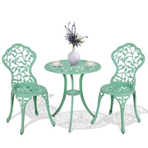 verano garden 3 piece outdoor bistro set, rust-resistant cast aluminum patio bistro set antique finish, weather resistant patio table and chairs, outdoor/indoor use, teal