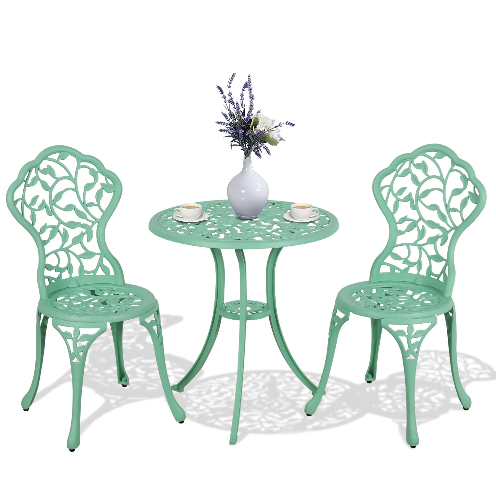 Verano Garden 3 Piece Outdoor Bistro Set, Rust-Resistant Cast Aluminum Patio Bistro Set Antique Finish, Weather Resistant Patio Table and Chairs, Outdoor/Indoor Use, Teal