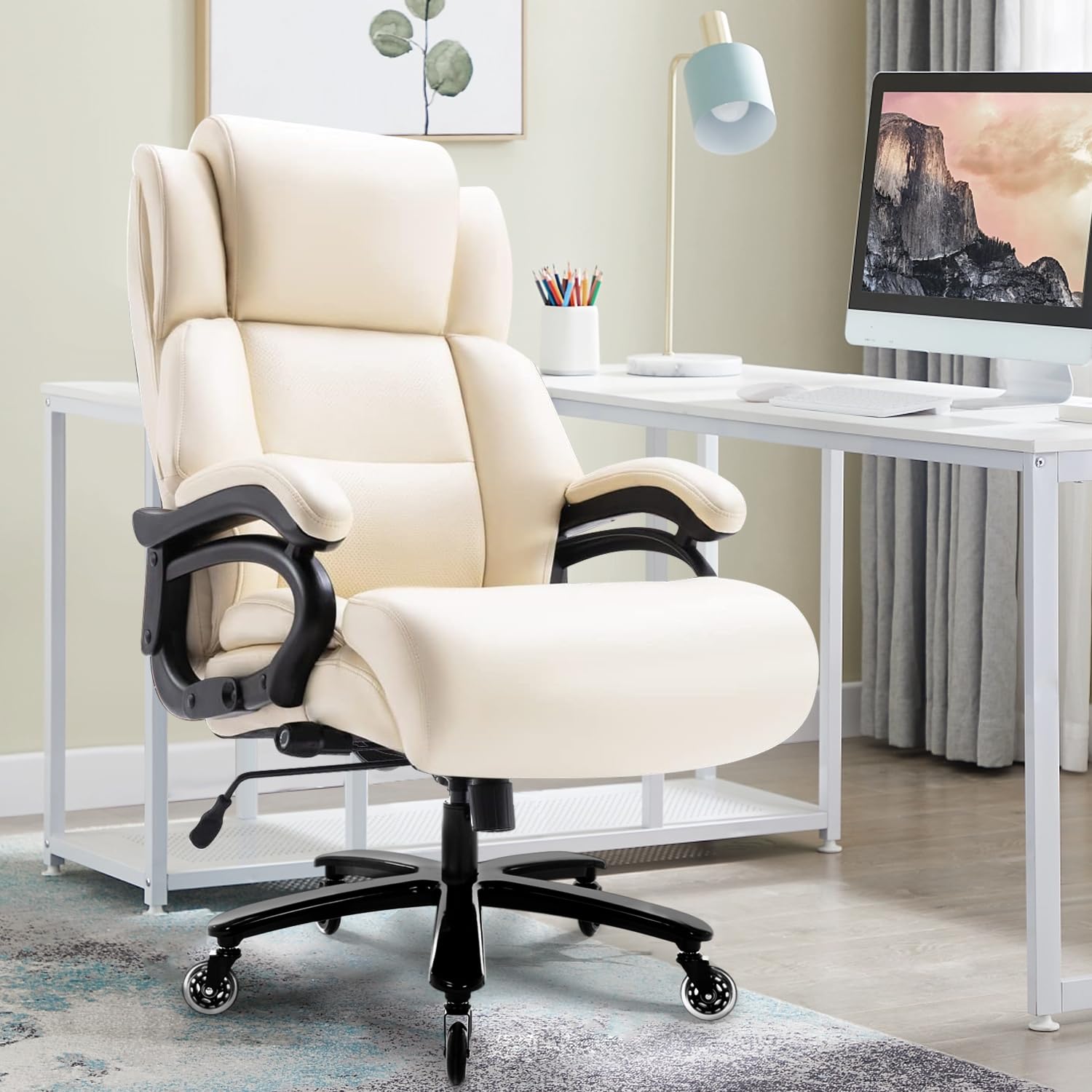 Big and Tall 400lbs Office Chair - Adjustable Lumbar Support Heavy Duty Metal Base Quiet Rubber Wheels High Back Large Executive Computer Desk Swivel Chair, Ergonomic Design for Back Pain, Beige