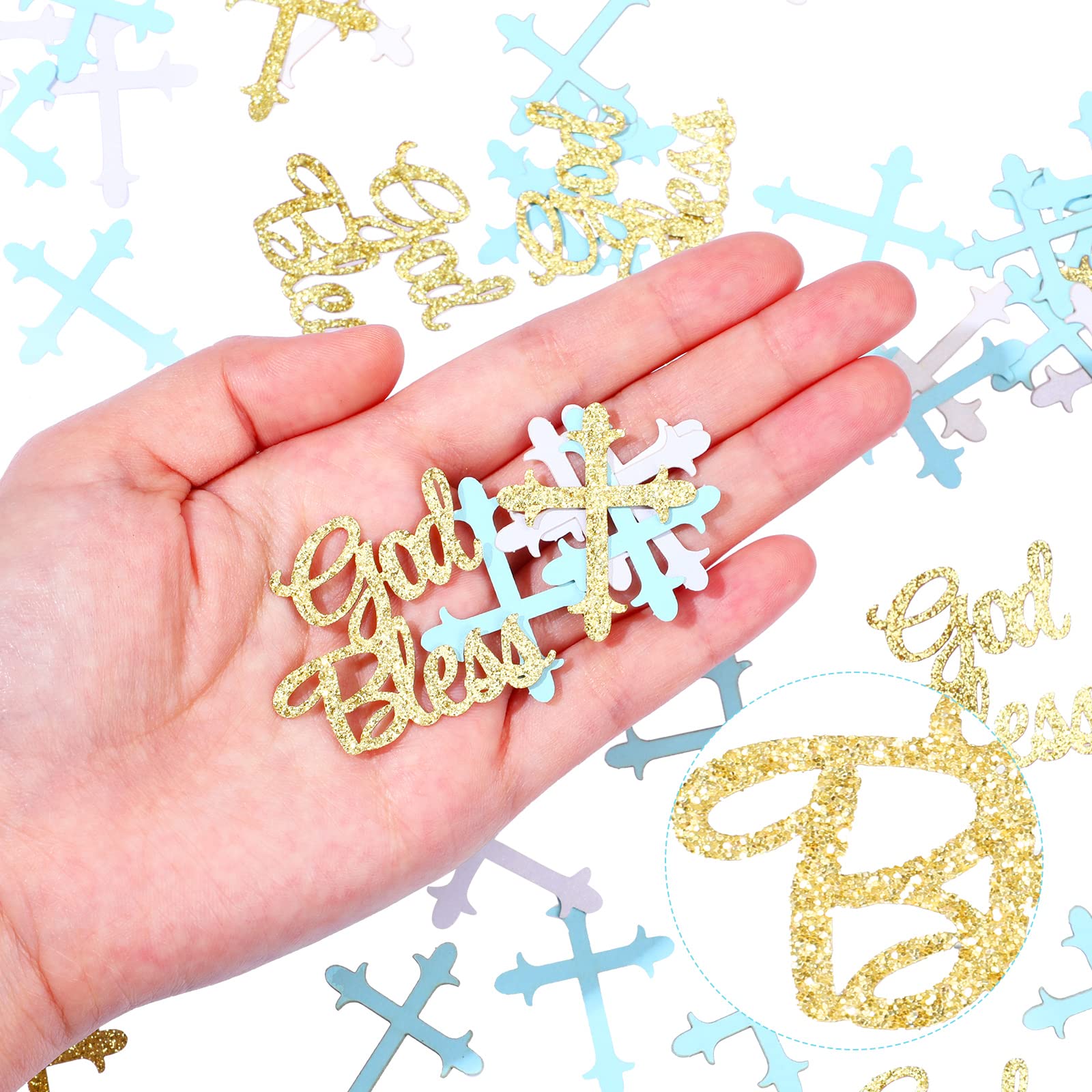 Marspark 300 Pcs Baptism Confetti Glitter Cross God Bless Table Confetti Cross Decorations for Baptism First Communion Baby Shower Birthday Gender Reveal Party Supplies(Blue, Gold, White)