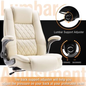 EZAKI High Back Office Chair-Flip-up Arms Executive Computer Desk Chair, Built-in Lumbar Support Thick Padded Adjustable Rock Tension Ergonomic Design for Back Pain (Beige)