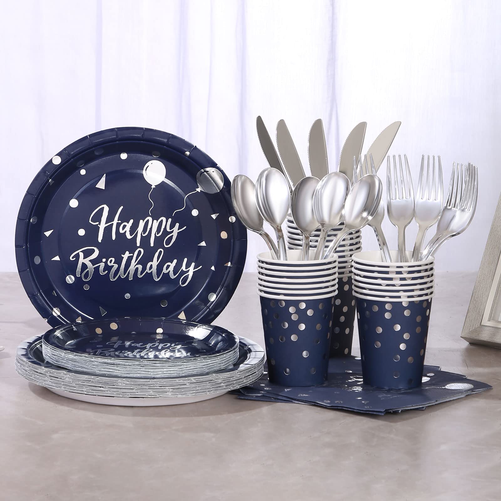 175 PCS Blue Birthday Party Decorations Blue and Silver Birthday Plates and Napkins Party Supplies for Happy Birthday Decor Serves 25 Guests