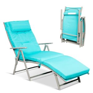 giantex chaise lounge chair for outside, pool folding reclining beach chair w/removable cushion&headrest pillow, outdoor lounge chaise w/ 7 backrest positions, portable patio lounger (1, turquoise)