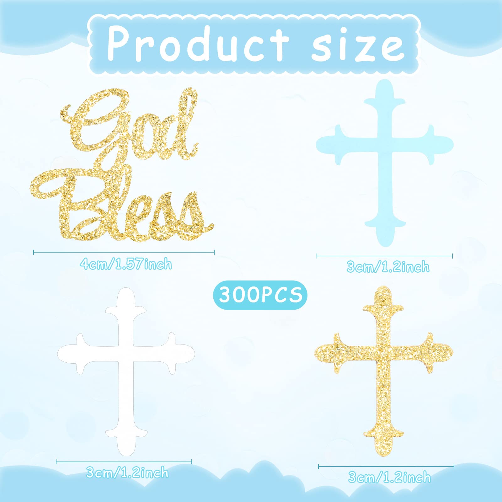 Marspark 300 Pcs Baptism Confetti Glitter Cross God Bless Table Confetti Cross Decorations for Baptism First Communion Baby Shower Birthday Gender Reveal Party Supplies(Blue, Gold, White)