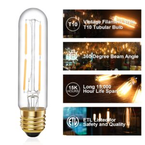 TIANSHQ 6 Pcs E26 T10 LED Tubular Light Bulbs, Daylight White Edison Bulb 4000K 4W Dimmable T10 Led Bulb for Pendant Lights, Lamps, Outdoor Long Light Bulbs (4W, 4000K)