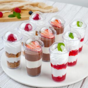 Zezzxu 3 oz Mini Dessert Cups with Lids and Spoons, 50 Pack Clear Plastic Dessert Shooter Cups Small Shot Glasses for Appetizers Parfaits Puddings Mousse