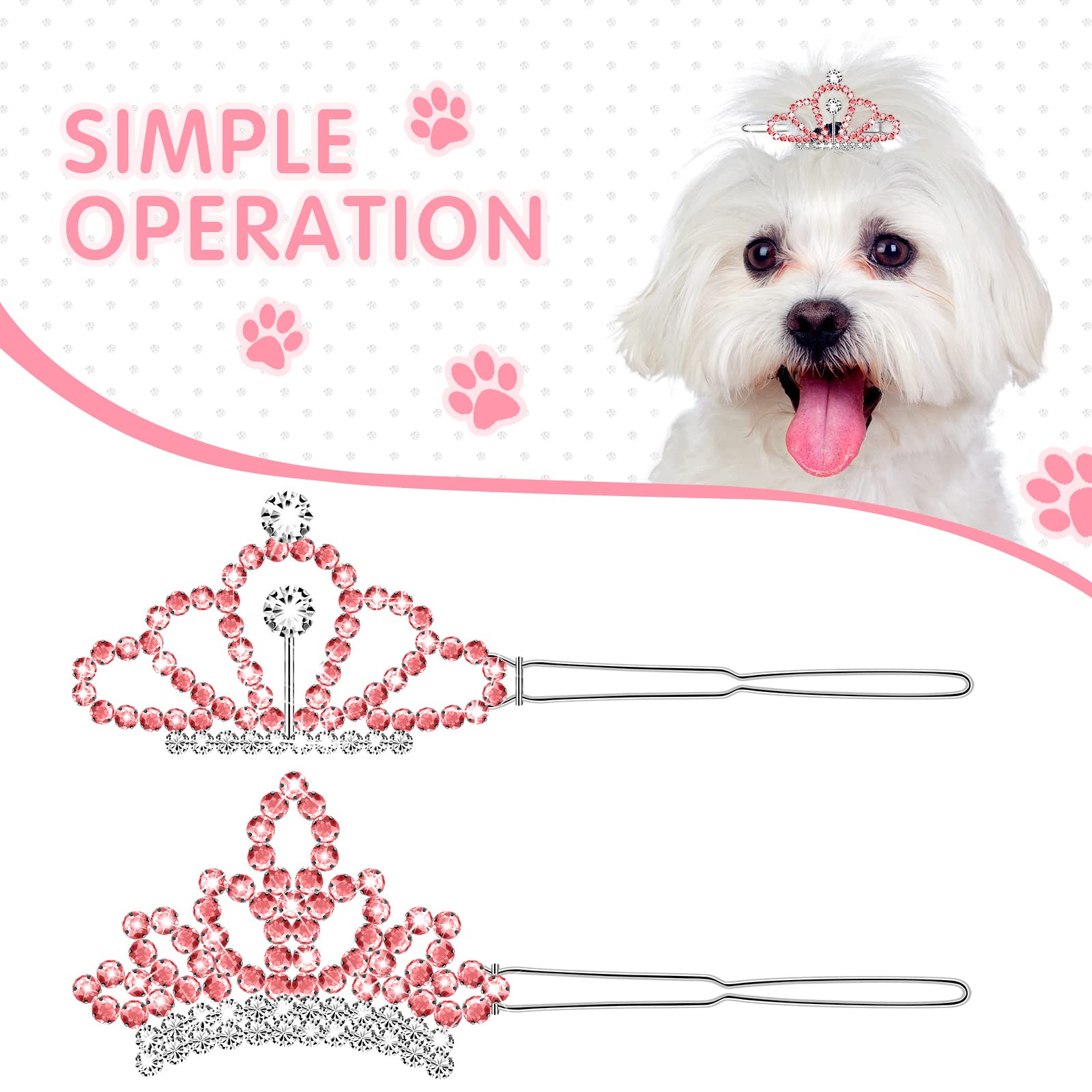 MTLEE Crystal Rhinestone Hair Accessories - 2 Tiara Clips for Dogs, Girls and Pet Grooming Costumes (Pink)