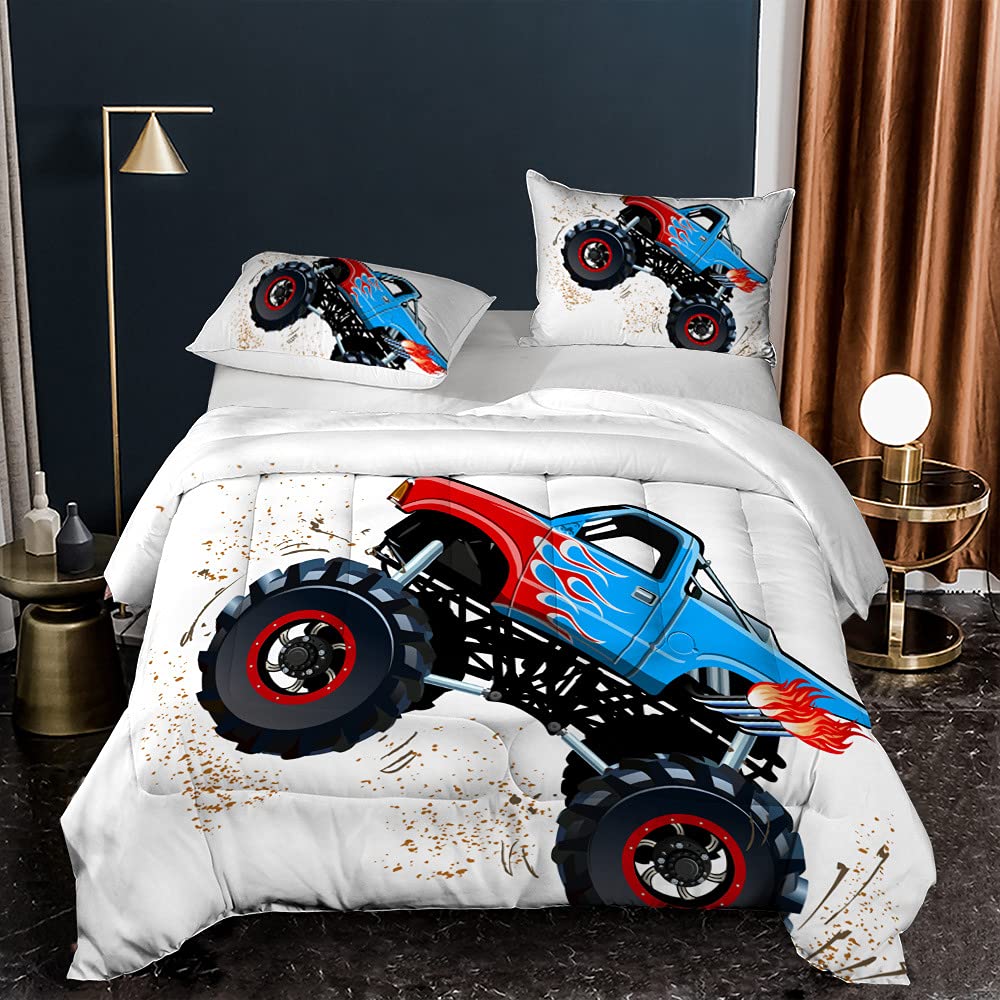 Suncloris 3D Cartoon Monster Trucks Queen Comforter Set, Blue Gallop Monster Trucks All Seasons Comforter Set for Kids Teens Men Bedroom Quilt Set(Queen)