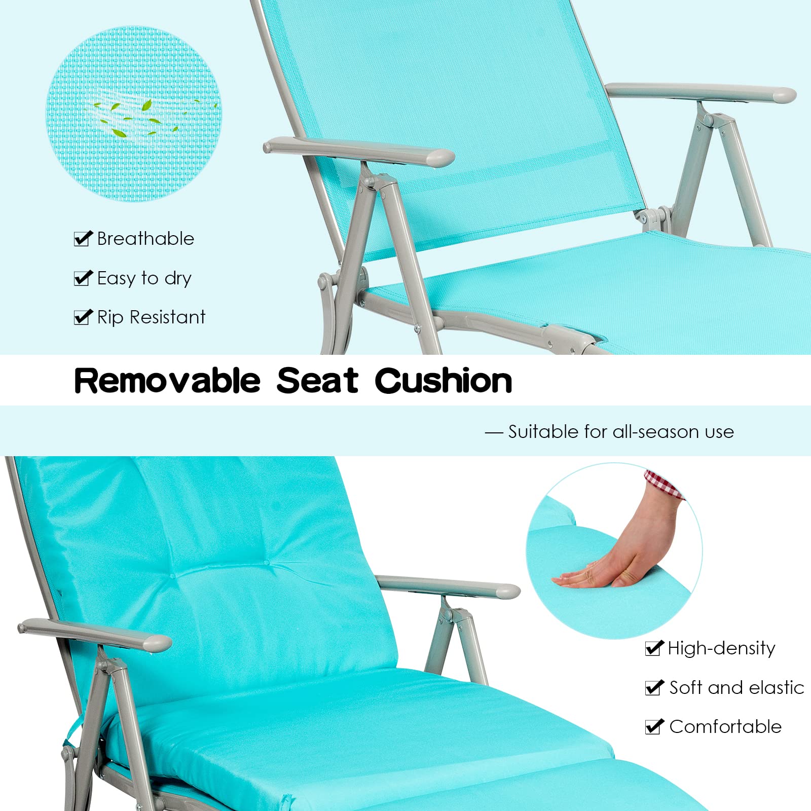 Giantex Chaise Lounge Chair for Outside, Pool Folding Reclining Beach Chair W/Removable Cushion&Headrest Pillow, Outdoor Lounge Chaise w/ 7 Backrest Positions, Portable Patio Lounger (1, Turquoise)