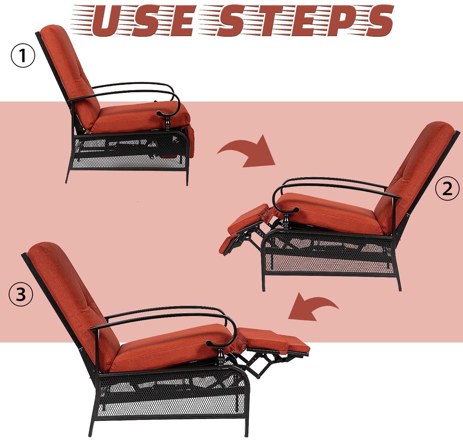 Incbruce Outdoor Lounge Chair Set of 2 Patio Furniture Adjustable Recliner with Retractable Steel Frame and Removable Thick Cushions - Red