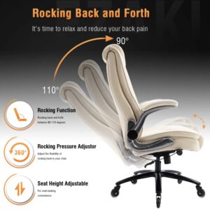 EZAKI High Back Office Chair-Flip-up Arms Executive Computer Desk Chair, Built-in Lumbar Support Thick Padded Adjustable Rock Tension Ergonomic Design for Back Pain (Beige)