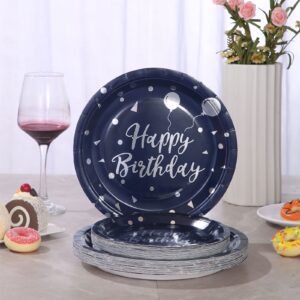 175 PCS Blue Birthday Party Decorations Blue and Silver Birthday Plates and Napkins Party Supplies for Happy Birthday Decor Serves 25 Guests