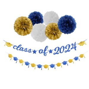 navy-blue white-gold party-decorations graduation banner - 8pcs kits class of 2024 cap garland streamers, paper tissue pom poms flowers, congratulations grad decor lasting surprise