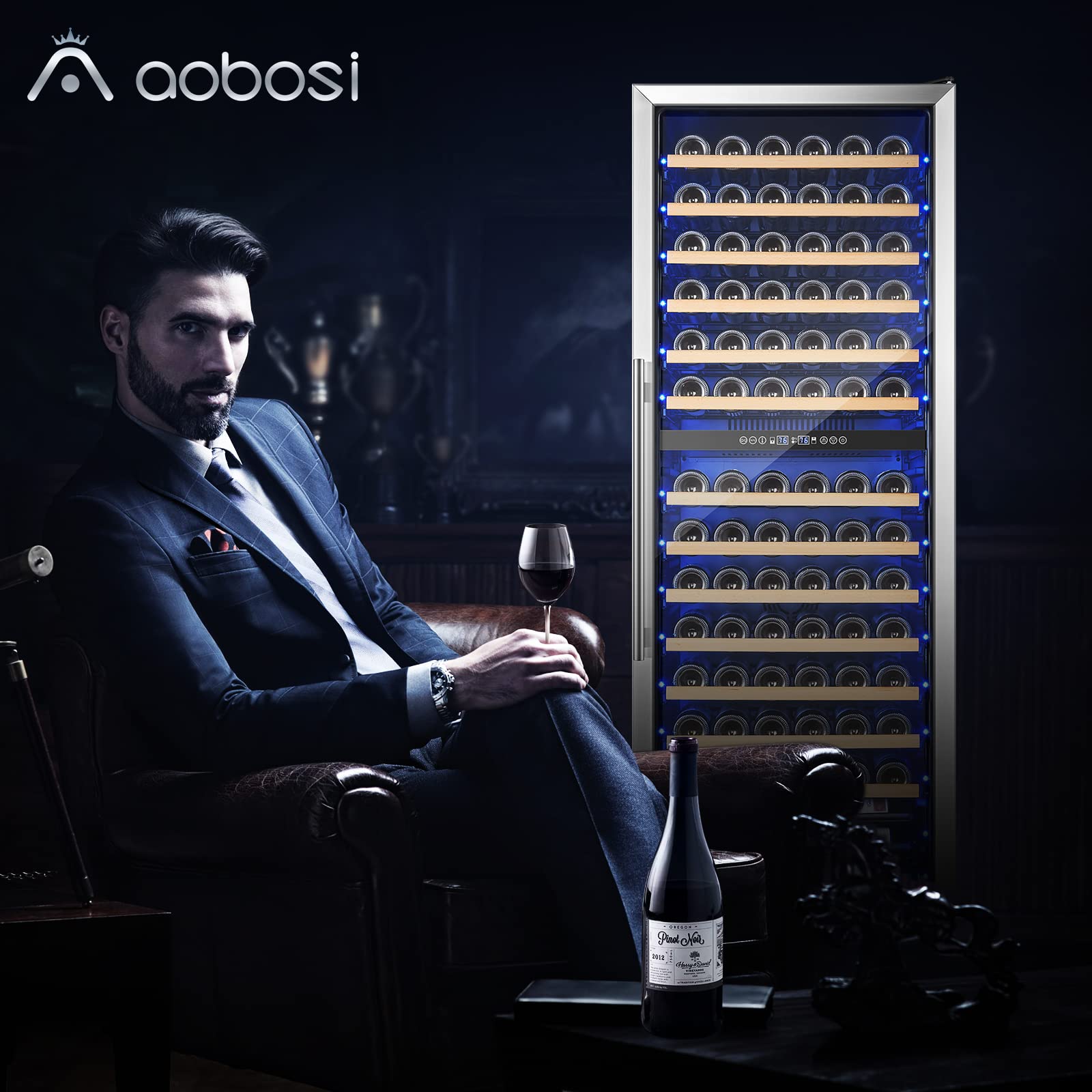 AAOBOSI 24 Inch Wine Cooler Dual Zone, 154 Bottles Wine Refrigerator Built in or Freestanding Wine Fridge 40°F-65°F with Intelligent Temperature Control-Memory Function-Powerful Compressor-Quiet