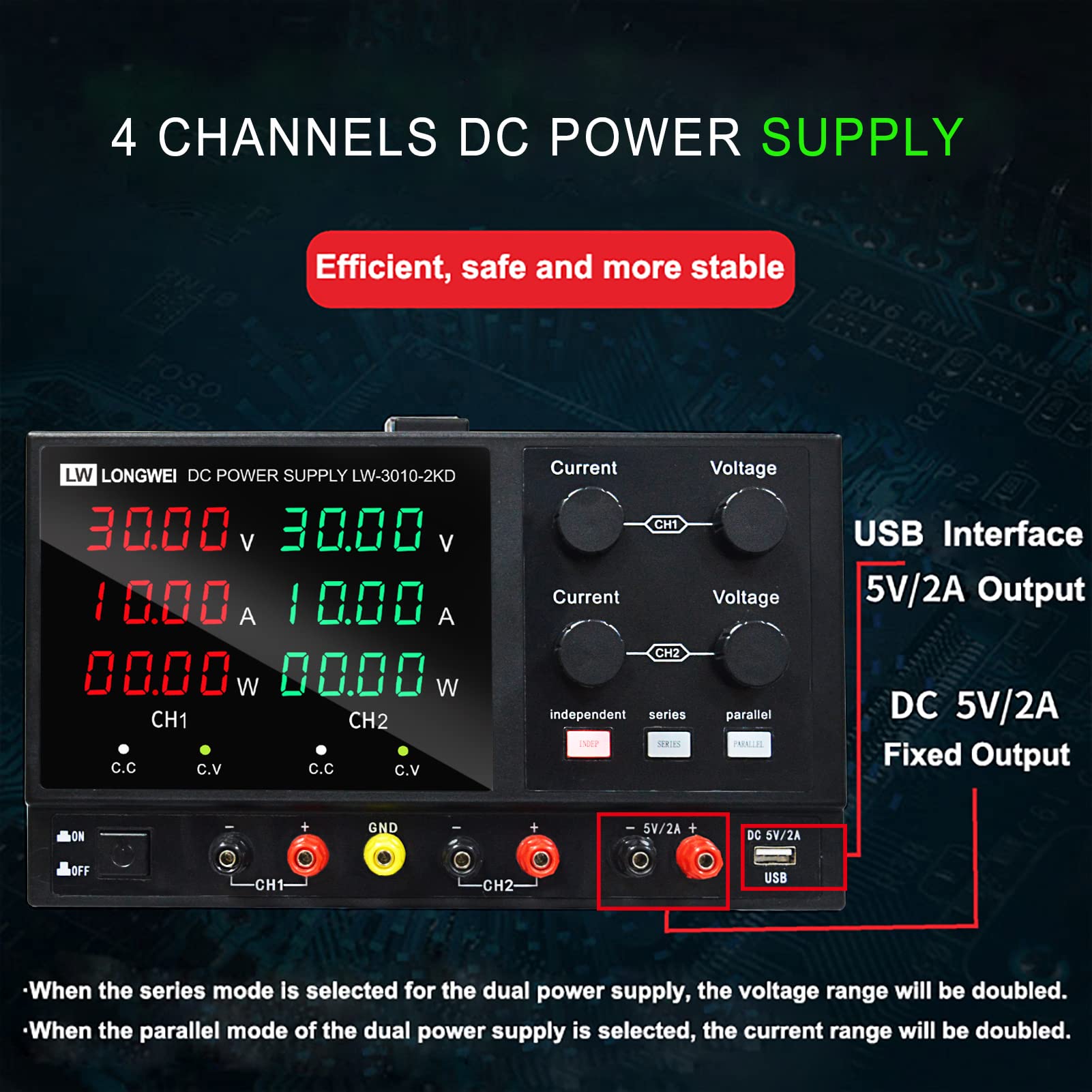 LWLONGWEI DC Power Supply Variable,4 Channels 30V 10A 2 * 300W Adjustable Switching Regulated DC Bench Power Supply with 4-Digits LED Power Display 5V/2A USB/DC Output Black