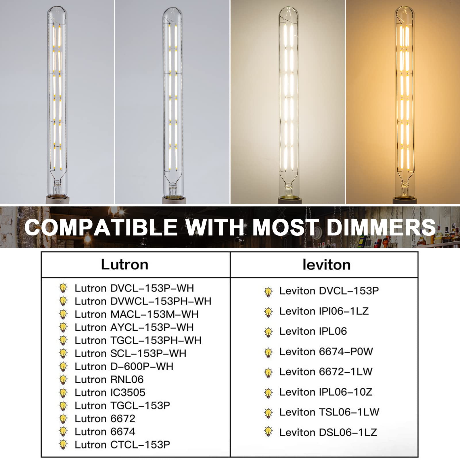 TIANSHQ LED Tube Bulbs,T10 Tubular Edison Style LED Filament Bulb, 12W Dimmable Antique LED Bulb,E26 Base,Clear Glass,Warm White,2700K,1000LM(75-100W Equivalent),11.8in,6Pack