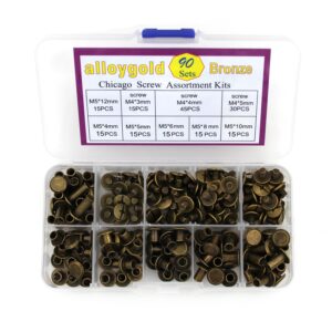 90 Sets Bronze Chicago Screws Leather Assorted Kit ，6 Sizes of Screw Rivets for Leather Rivet for DIY Leather Craft and Bookbinding (M5 X 4, 5, 6, 8, 10, 12)