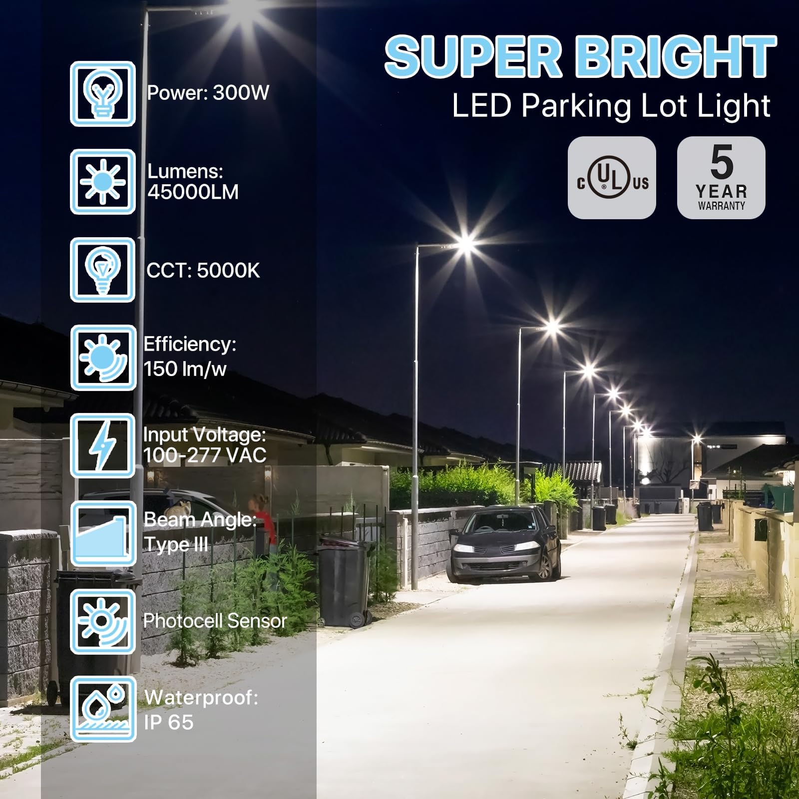 HYPERLITE LED Parking Lot Lights 300W LED Shoebox Light with Dusk to Dawn Photocell - 45000lm 5000K UL Certified IP65 LED Area Light for Court|Stadium|Parking Lot|Roadways