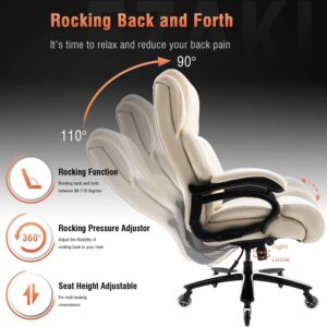 Big and Tall 400lbs Office Chair - Adjustable Lumbar Support Heavy Duty Metal Base Quiet Rubber Wheels High Back Large Executive Computer Desk Swivel Chair, Ergonomic Design for Back Pain, Beige