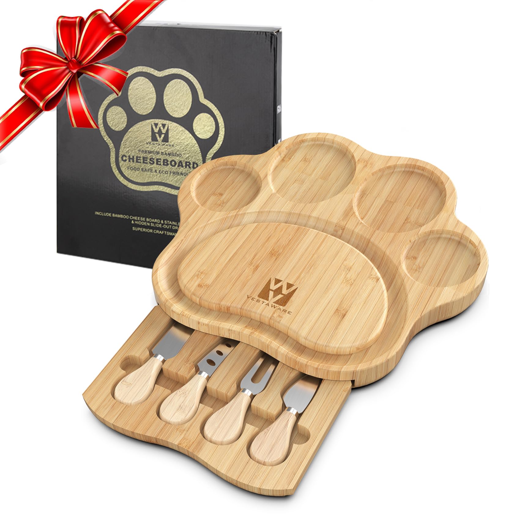 Vestaware Charcuterie Boards, Paw Shaped Cheese Fruit Board Gift Set Natural Bamboo Cheese Knife Serving Board Set, Unique House Warming Gifts New Home