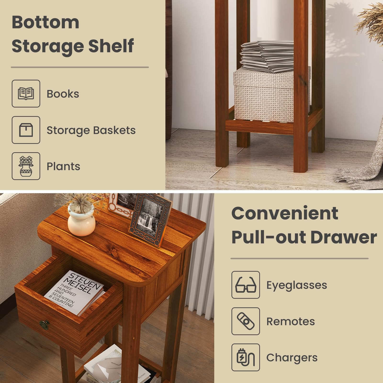 Giantex Tall End Table, Narrow Side Table with Drawer and Shelf, Acacia Wood Nightstand for Living Room, 2-Tier Bedside Table for Small Space, No Assembly, Rustic Brown