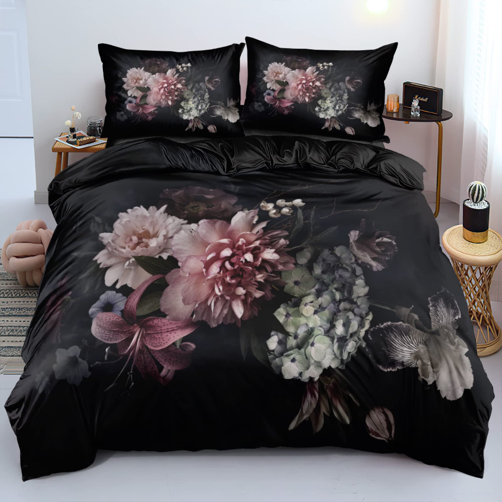 AJIGEN Duvet Cover King Size Black Large Floral Pattern 3D Print Comforter Set + 2 Pillow Shams 20''X 36'' Modern Bedding Luxurious