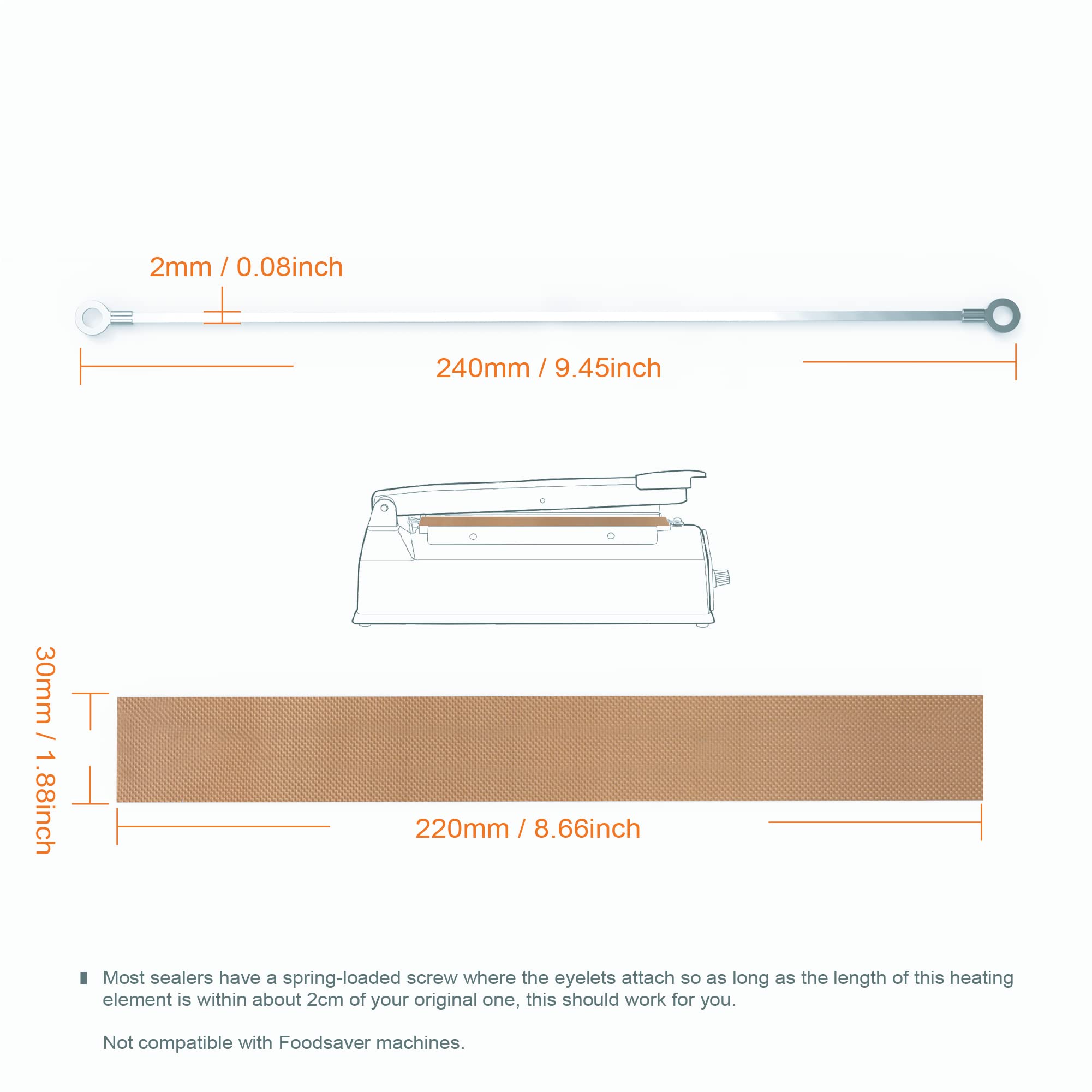 Impulse Heat Sealer Replacement Parts Strip - Repair Parts - Food Saver sealer Parts for PFS-200 2 Pieces 200 mm