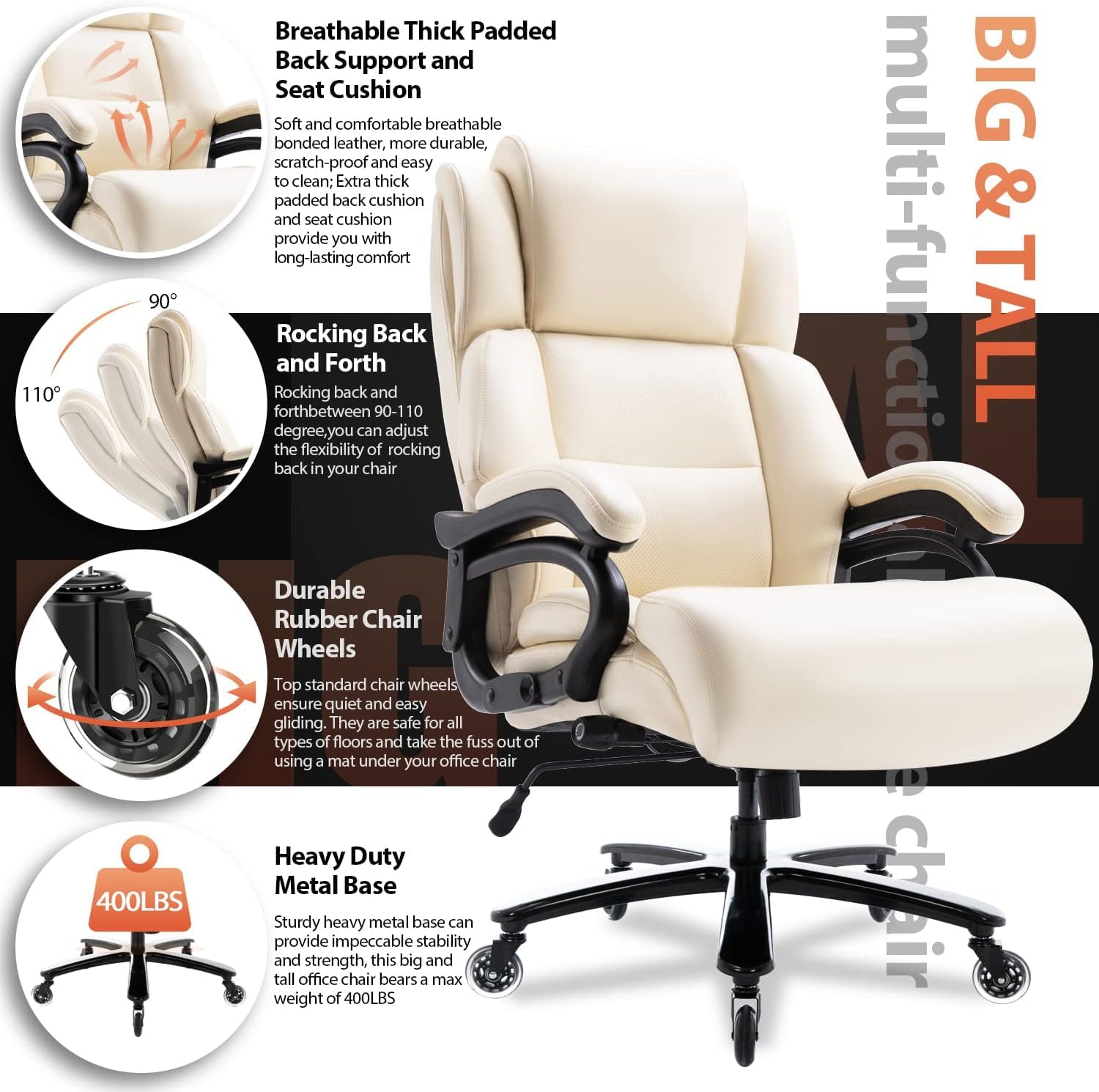 Big and Tall 400lbs Office Chair - Adjustable Lumbar Support Heavy Duty Metal Base Quiet Rubber Wheels High Back Large Executive Computer Desk Swivel Chair, Ergonomic Design for Back Pain, Beige