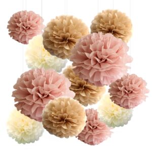 12-piece boho dusty rose mauve pink tan brown cream party tissue pom poms paper flowers wall hanging backdrop centerpieces for table wedding baby bridal shower nursery garden decoration