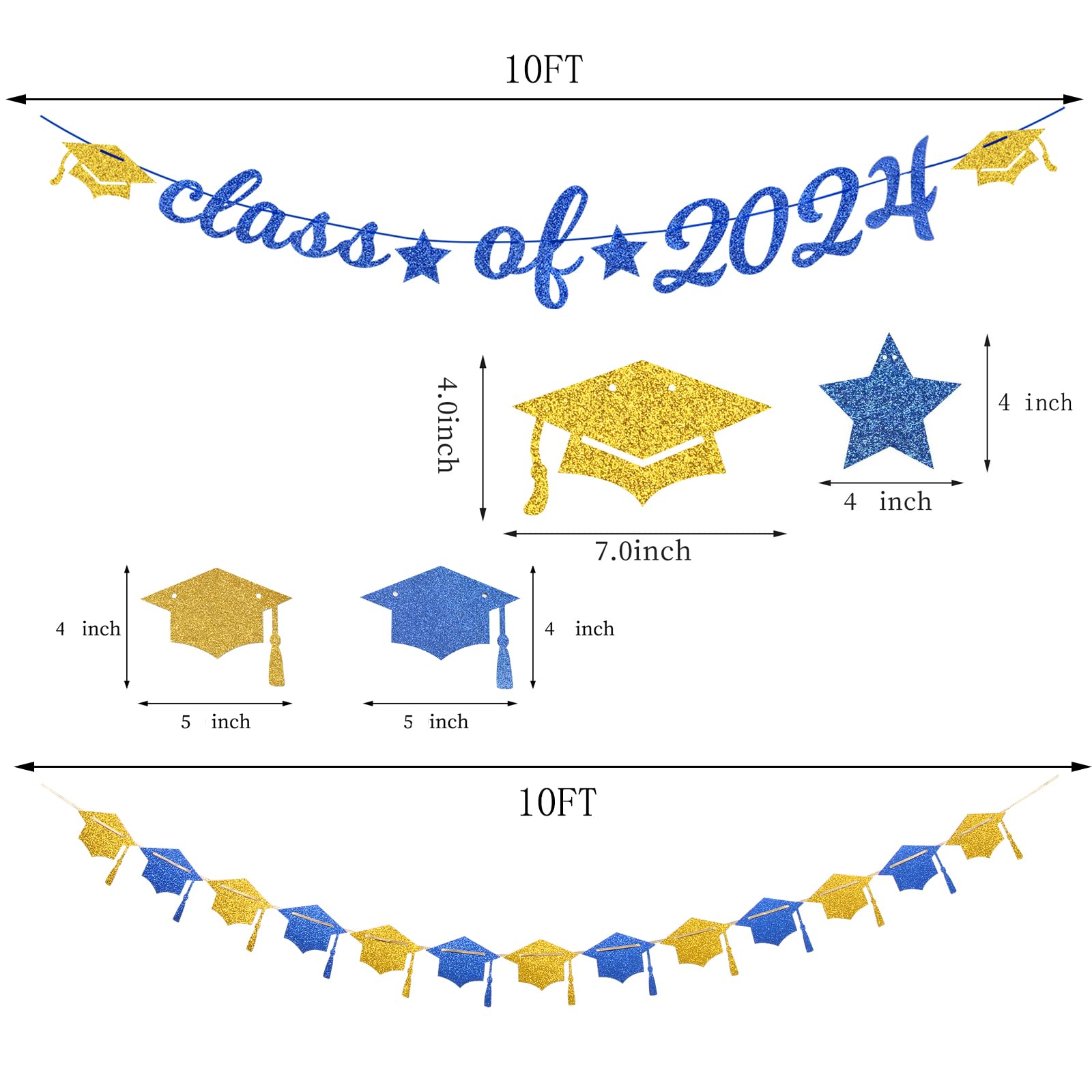 Navy-Blue White-Gold Party-Decorations Graduation Banner - 8pcs Kits Class of 2024 Cap Garland Streamers, Paper Tissue Pom Poms Flowers, Congratulations Grad Decor Lasting Surprise