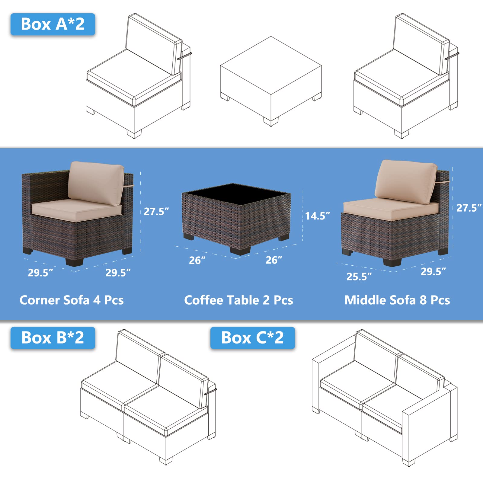 ASJMR Outdoor Patio Furniture Set, 14 Pieces Outdoor Sectional Furniture Patio Sofa, All-Weather PE Rattan Patio Conversation Set with Tempered Glass Top Table & Cushions(Brown).