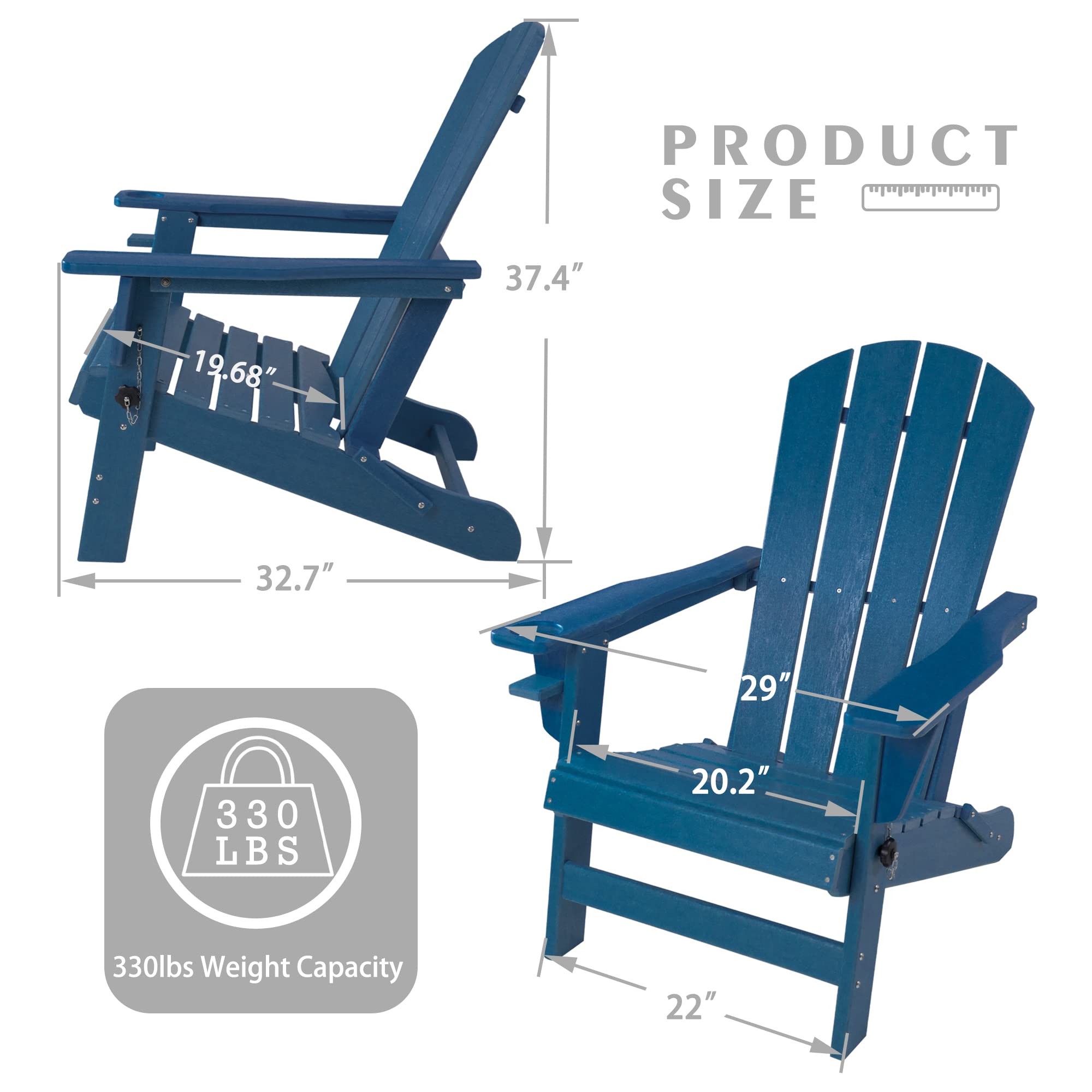 Kozyard Folding Adirondack Chair Patio Outdoor Chairs HDPE Plastic Resin Deck Chair Painted Weather Resistant for Deck, Garden, Backyard & Lawn Furniture, Fire Pit, Porch Seating(Navy Blue)