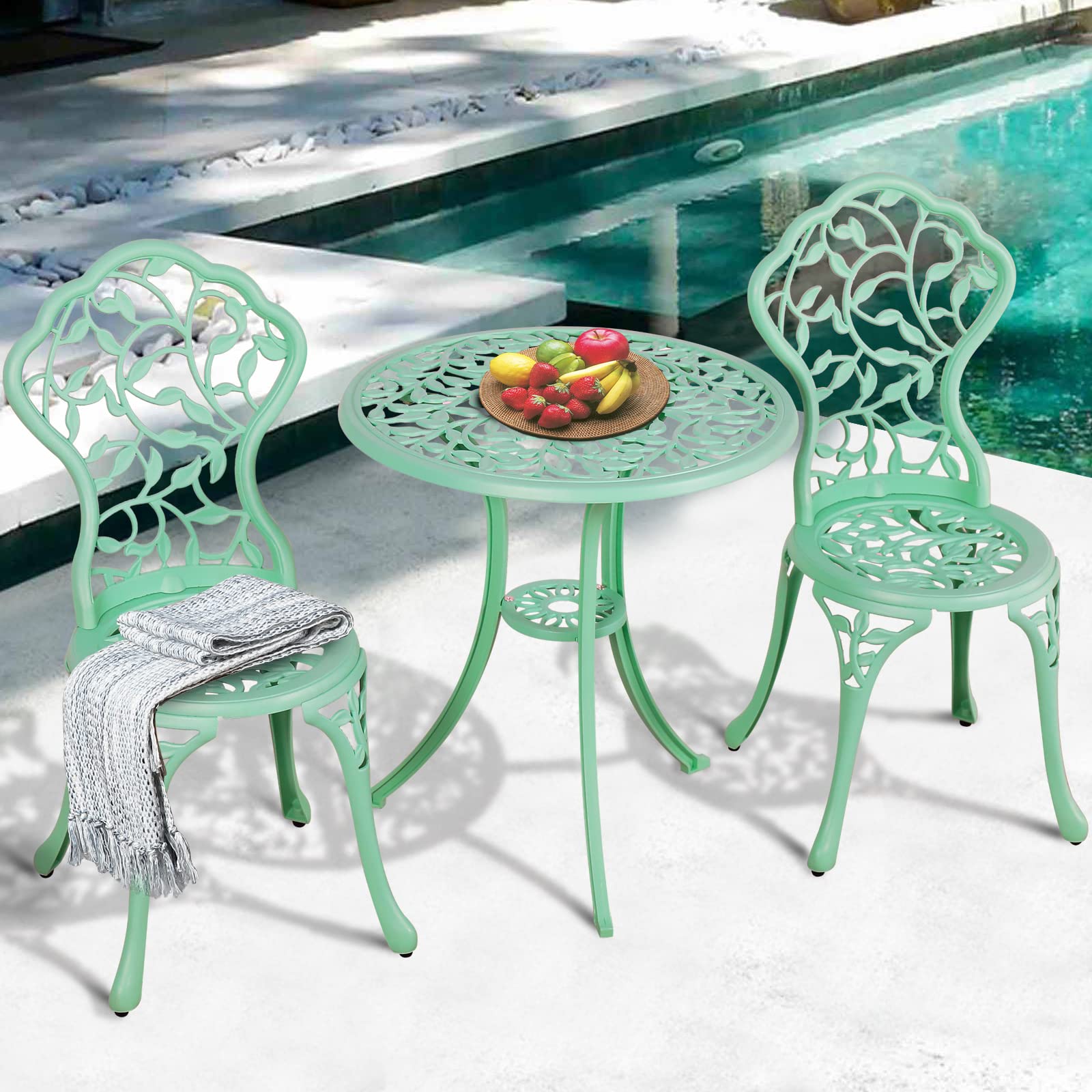 Verano Garden 3 Piece Outdoor Bistro Set, Rust-Resistant Cast Aluminum Patio Bistro Set Antique Finish, Weather Resistant Patio Table and Chairs, Outdoor/Indoor Use, Teal